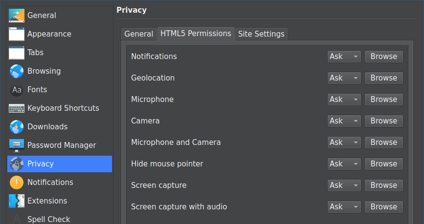 Preferences with HTML5 permissions tab