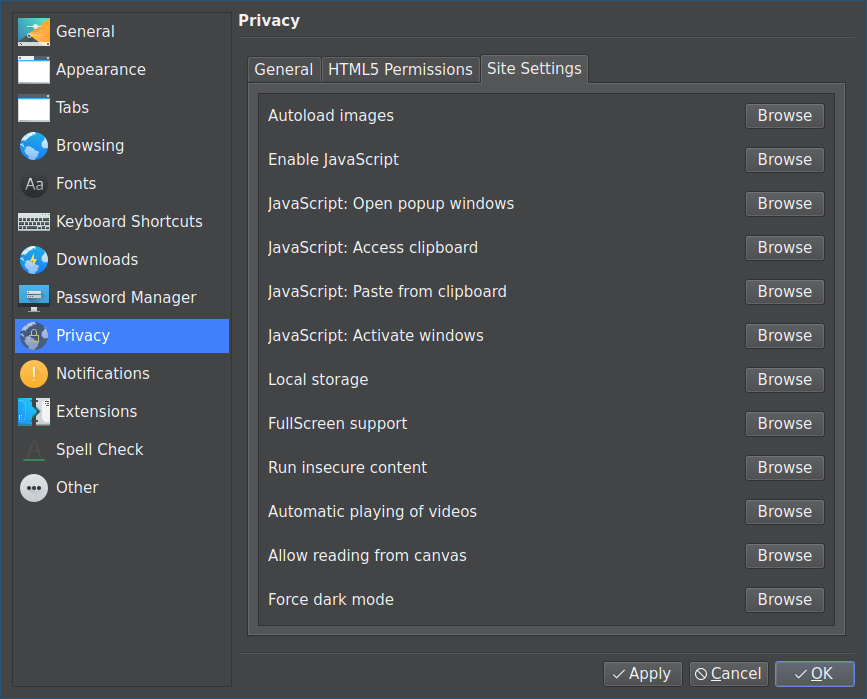 Preferences with Site Settings tab